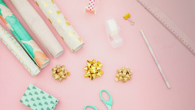 Gift wrap, scissors, tape